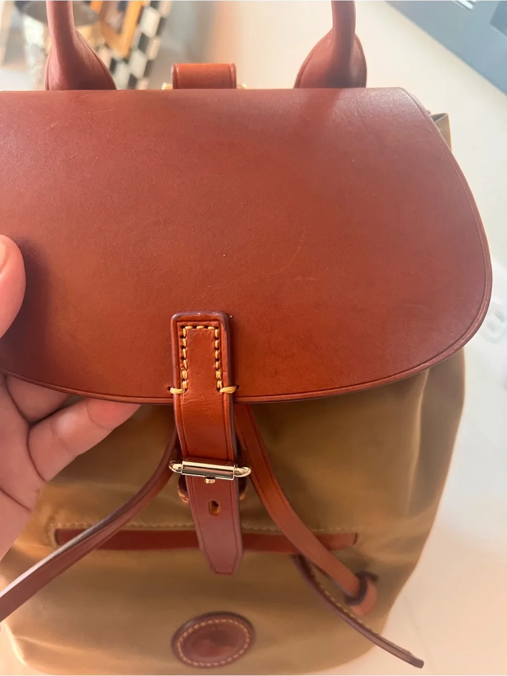 Dooney & Bourke Tan Olive Nylon and Brown Leather top  Old Money Style Backpack